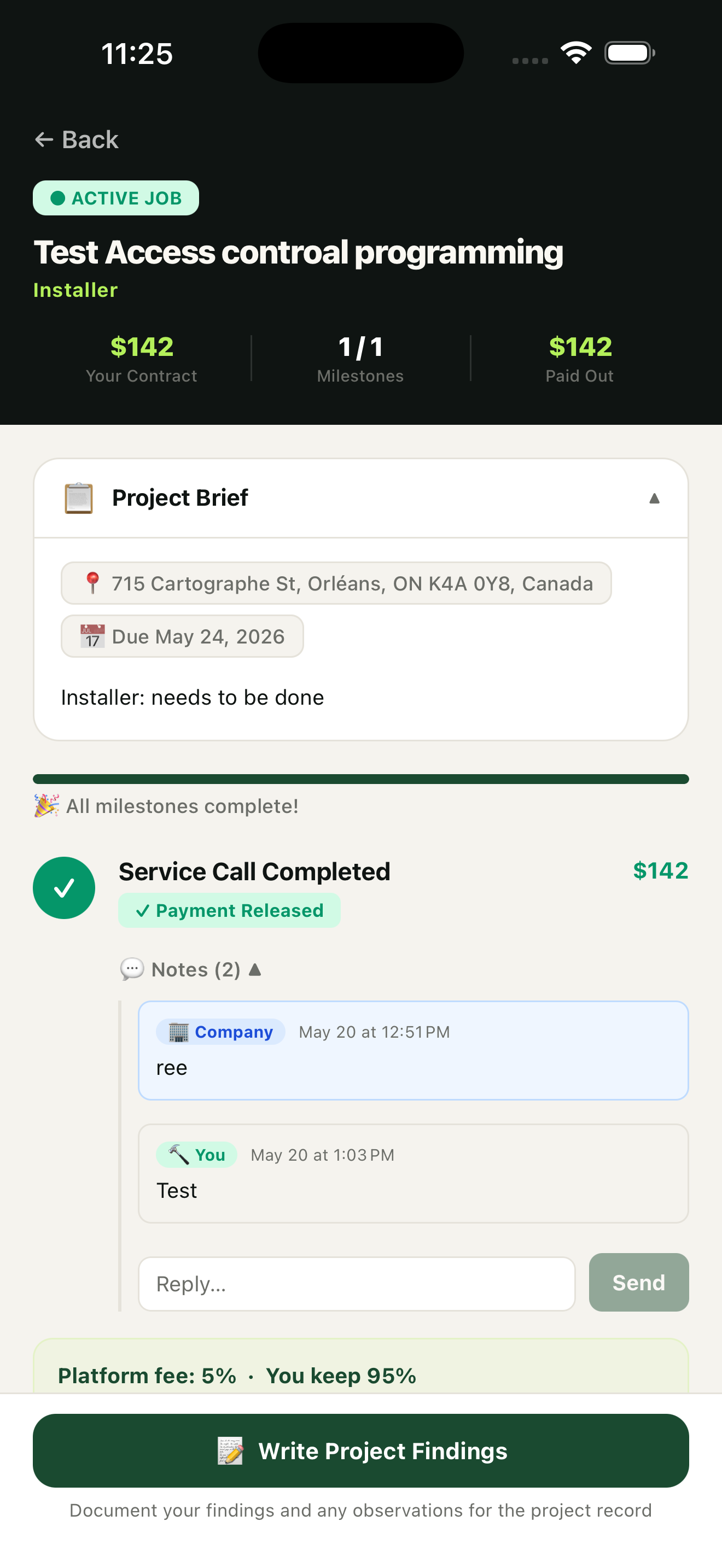 Contractor active job milestone screen