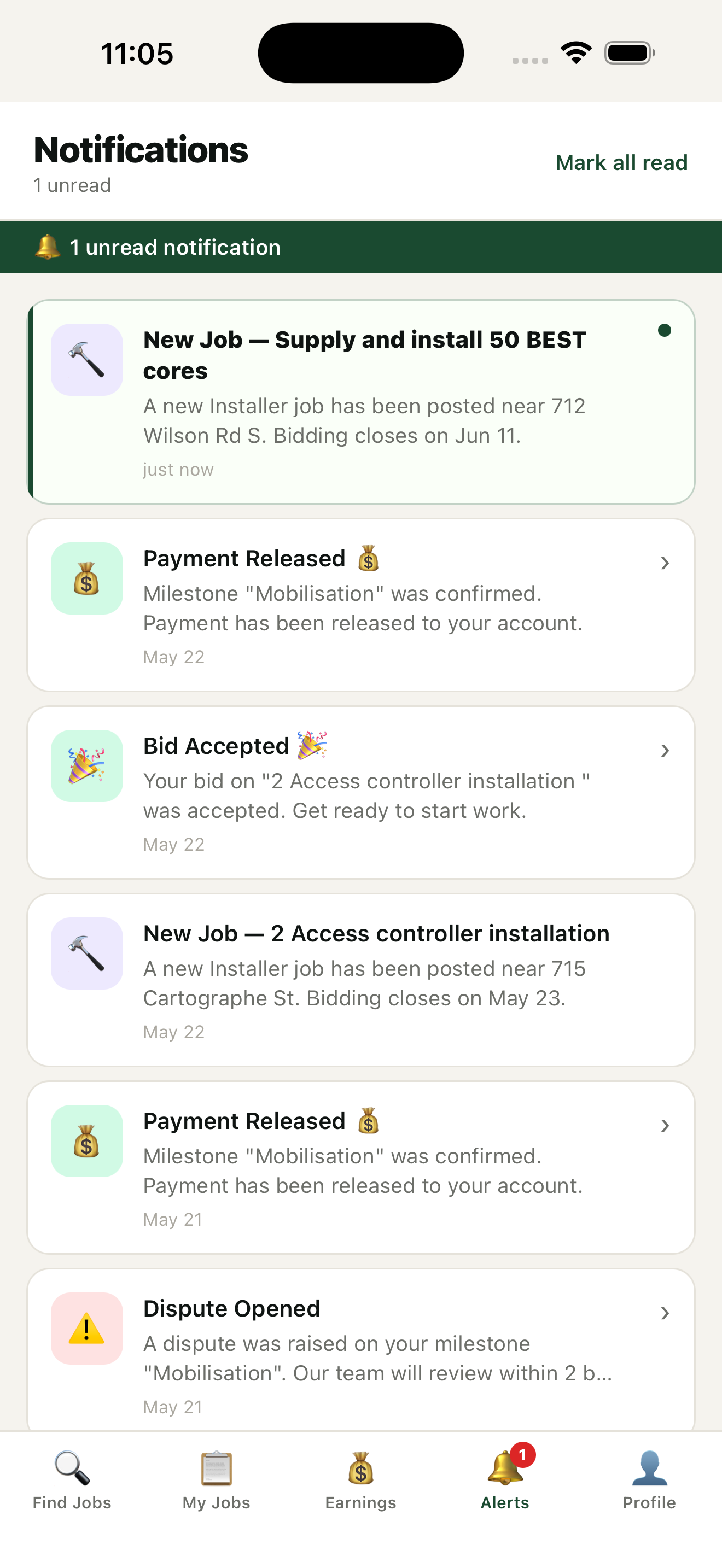 Contractor app alerts and notifications screen