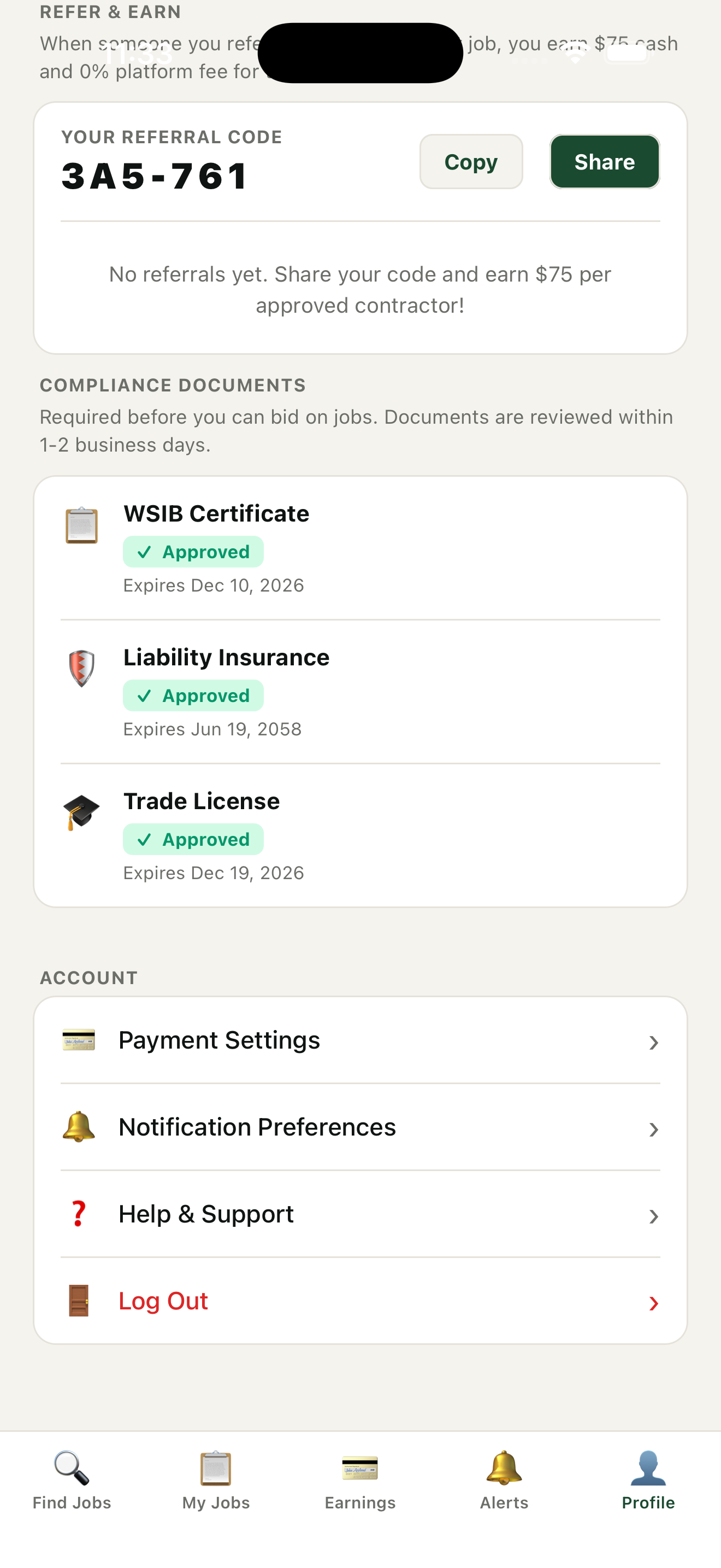 Contractor compliance documents and account settings screen