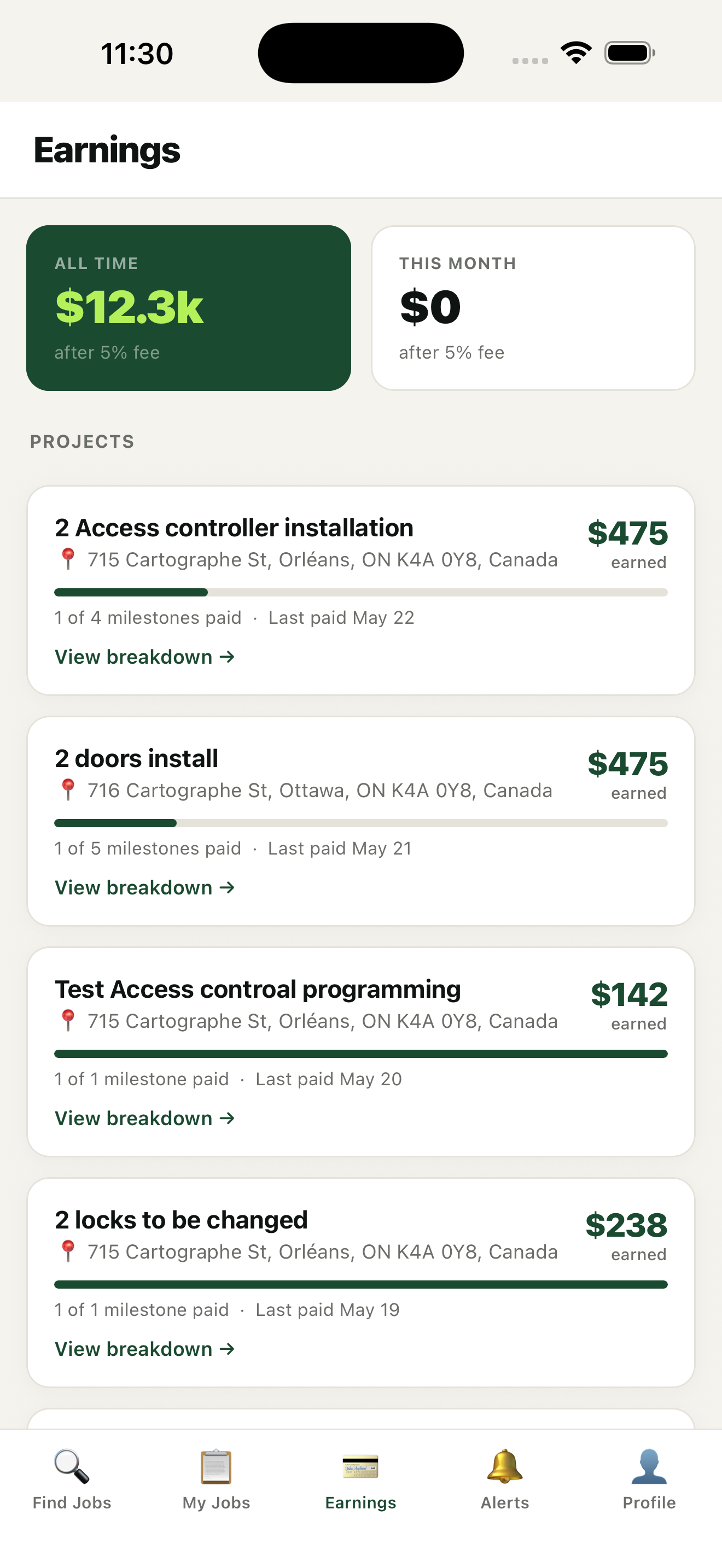 Contractor app earnings screen