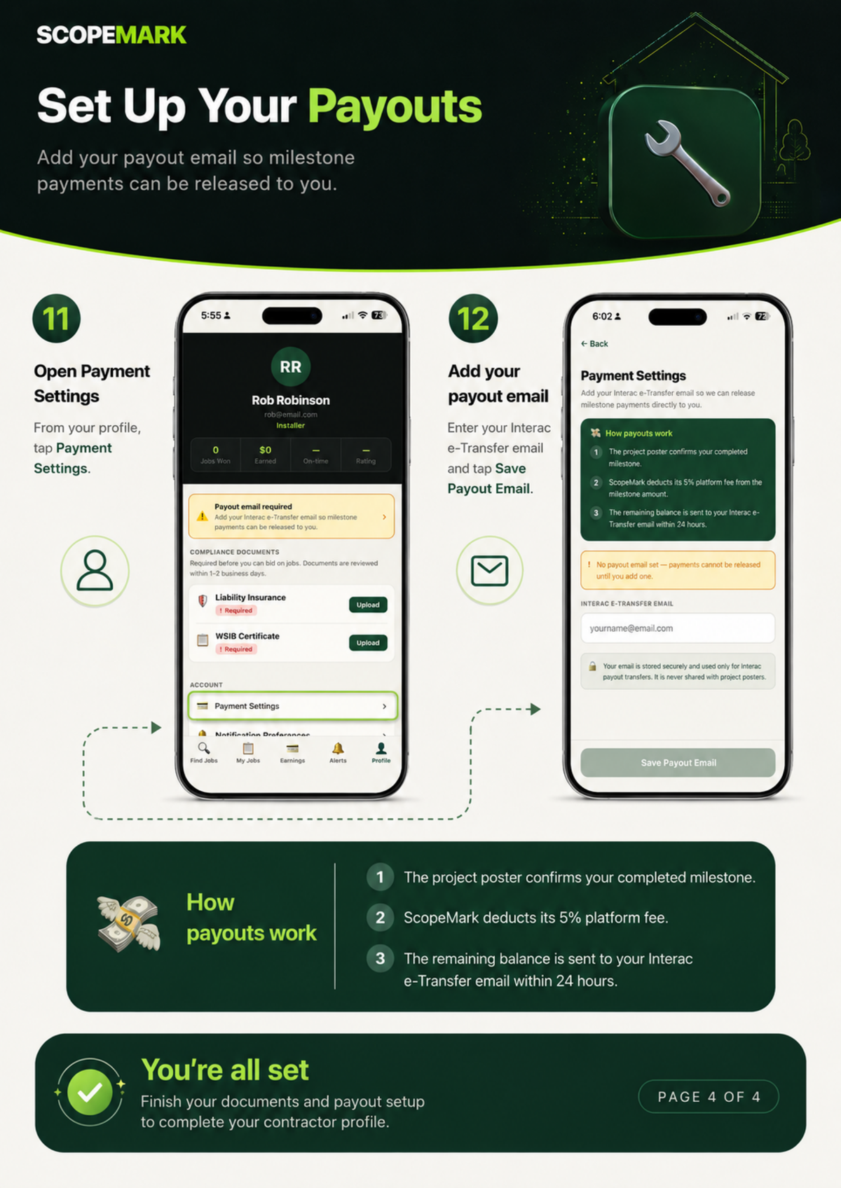ScopeMark payout setup onboarding slide