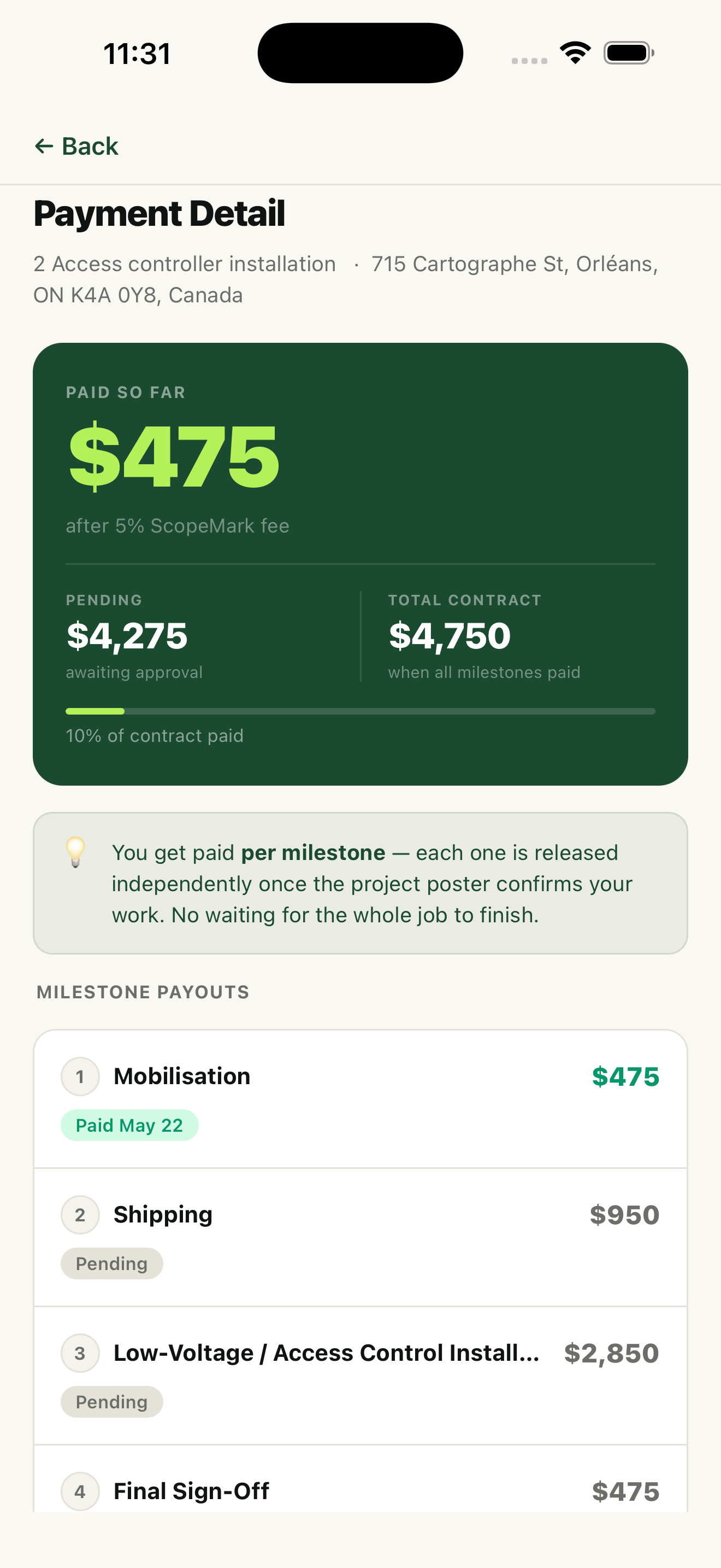 Contractor app payment detail screen