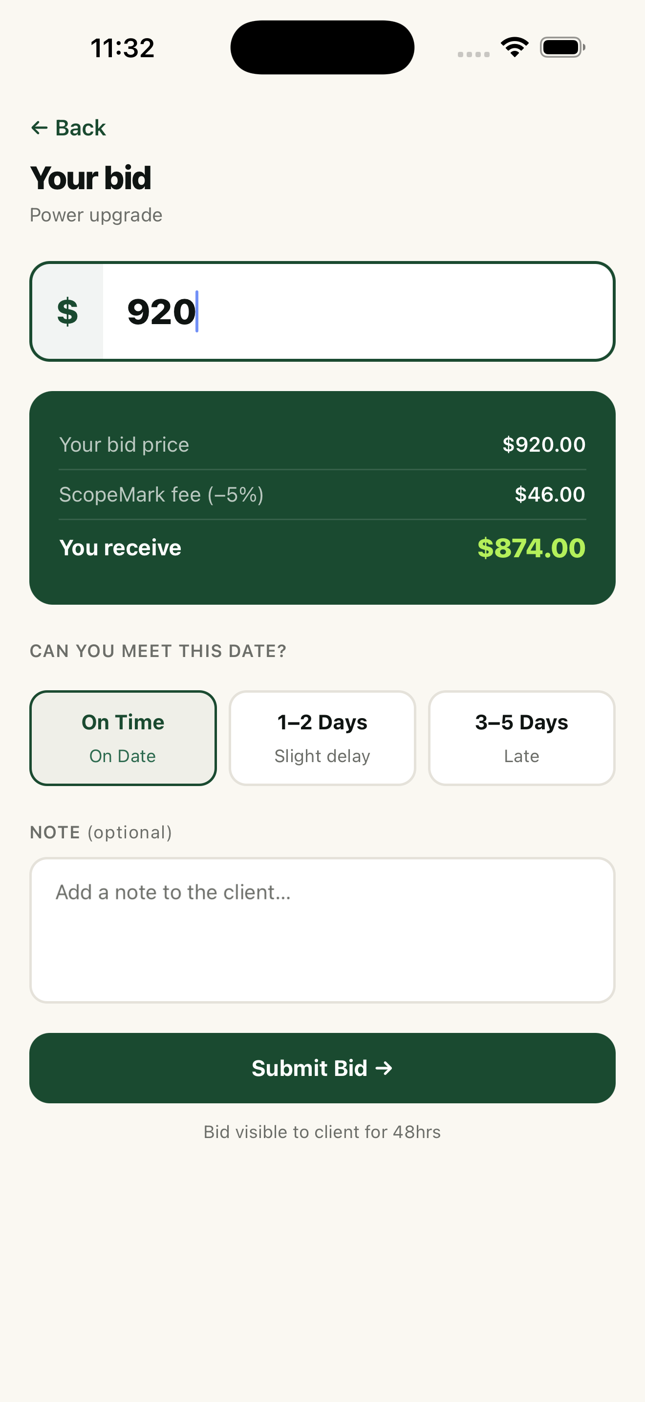Contractor app submit bid screen